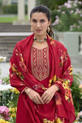 Red sequins embroidery, print vichitra silk anarkali pant- free size stitched(size upto 42") 2