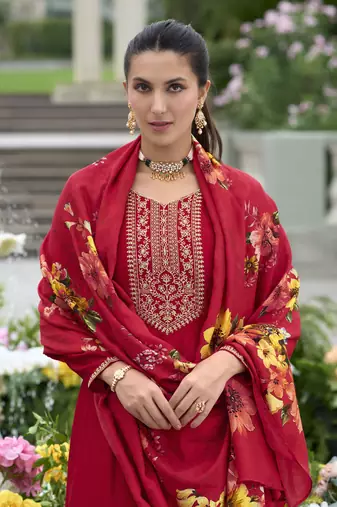 Red sequins embroidery, print vichitra silk anarkali pant- free size stitched(size upto 42")