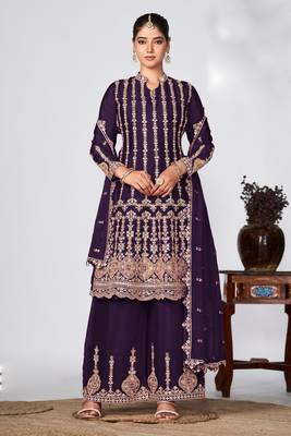 Purple embroidery and sequins chinon silk straight palazzo- free size stitched(size upto 42") 1