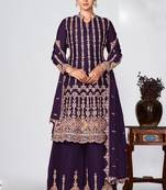 Purple embroidery and sequins chinon silk straight palazzo- free size stitched(size upto 42")