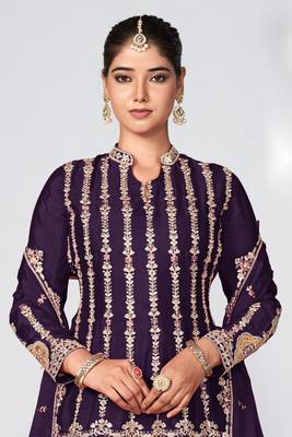 Purple embroidery and sequins chinon silk straight palazzo- free size stitched(size upto 42") 2