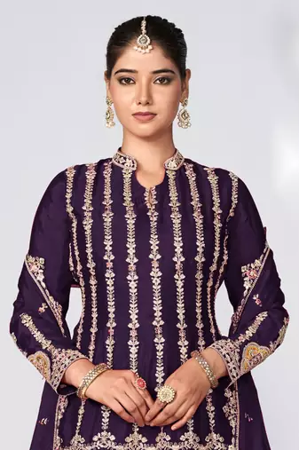 Purple embroidery and sequins chinon silk straight palazzo- free size stitched(size upto 42")