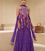 Purple embroidery and sequins chinon silk anarkali sharara- free size stitched(size upto 42")