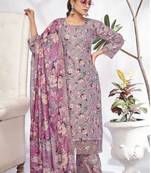 Mauve embroidery and print cotton straight pant- (size upto 42")