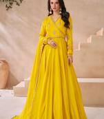Mustard embroidery and sequins silk gown- free size stitched(size upto 42")