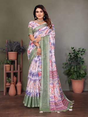 Green and blue digital printed pure cotton linen woven saree with blouse piece 1