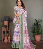 Green and blue digital printed pure cotton linen woven saree with blouse piece