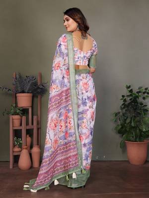 Green and blue digital printed pure cotton linen woven saree with blouse piece 2