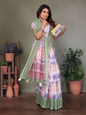 Green and blue digital printed pure cotton linen woven saree with blouse piece 3