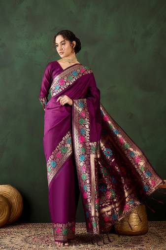 Purple poly silk jacquard saree