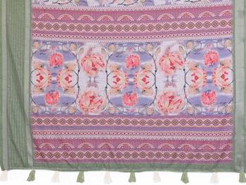 Green and blue digital printed pure cotton linen woven saree with blouse piece 5