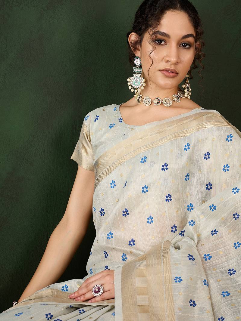 Blue Khadi organza brush print saree