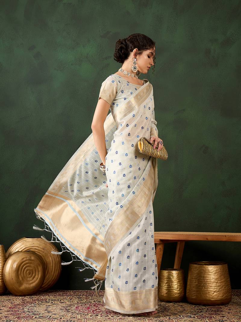 Blue Khadi organza brush print saree