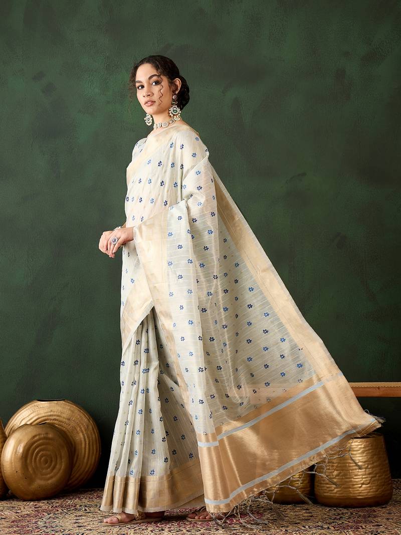 Blue Khadi organza brush print saree