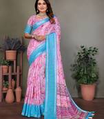 Sky blue and pink digital printed pure cotton linen woven saree with blouse piece