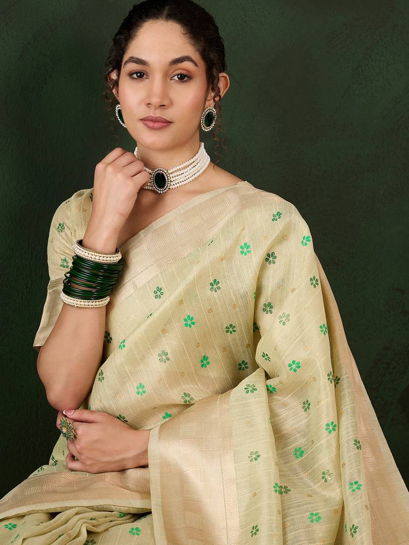 Green Khadi organza brush print saree