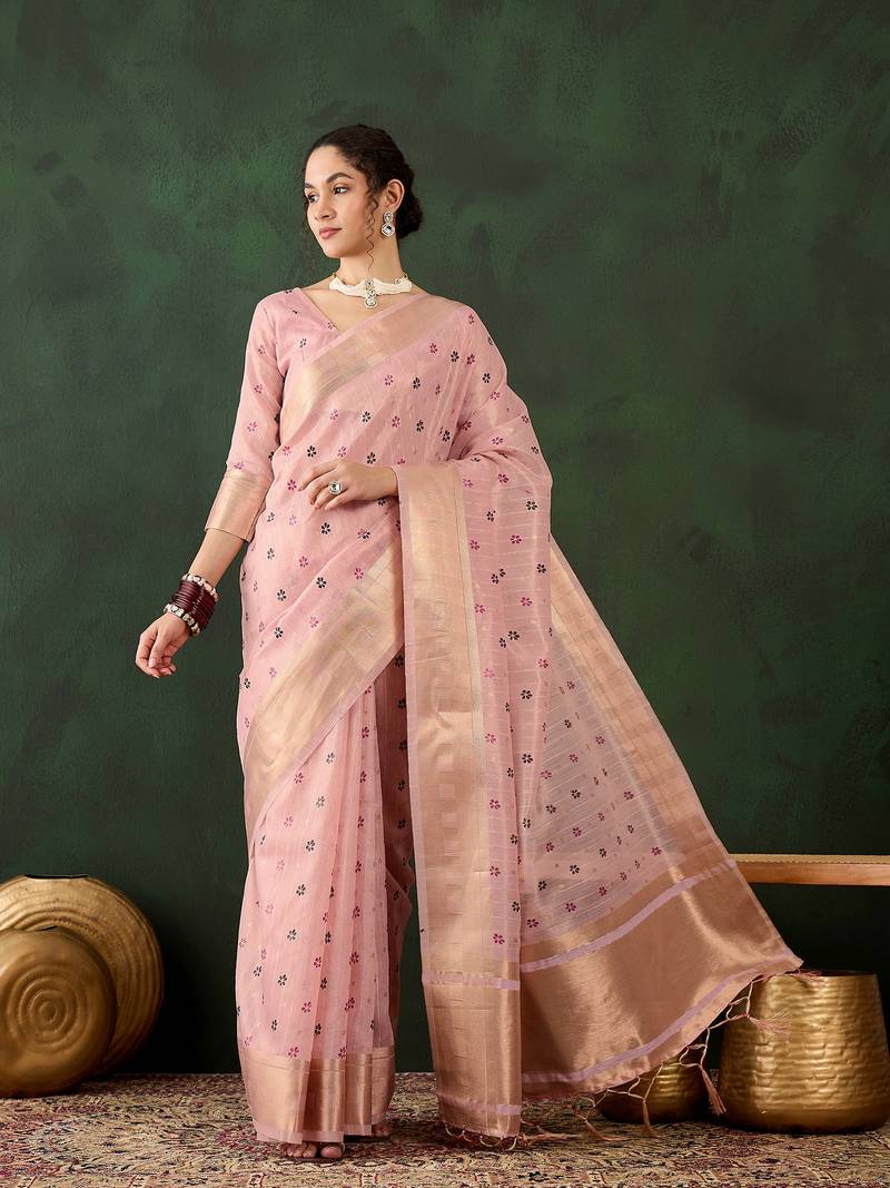peach Khadi organza brush print saree