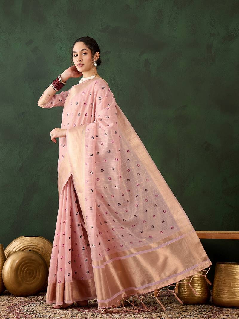 peach Khadi organza brush print saree