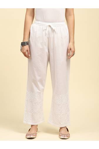 White embroidered cotton straight palazzo