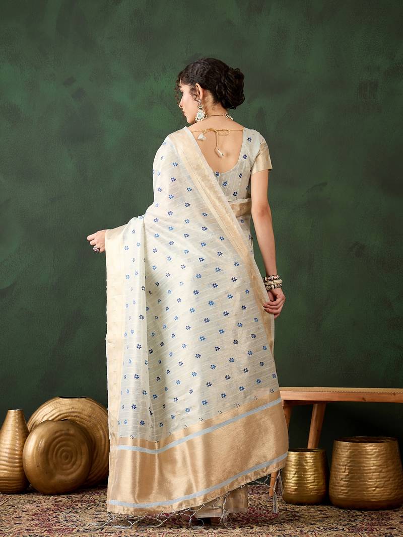 Blue Khadi organza brush print saree