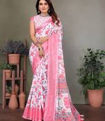 Pink and white digital printed pure cotton linen woven saree with blouse piece