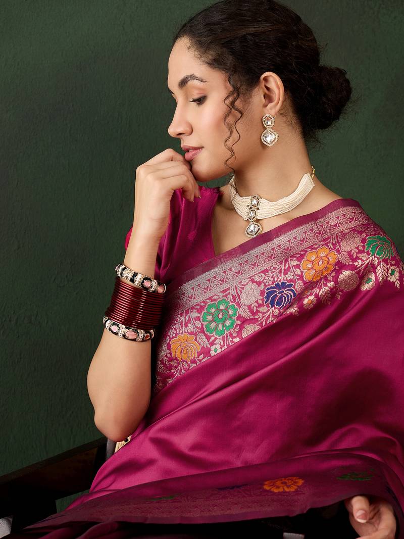 Pink poly silk jacquard saree