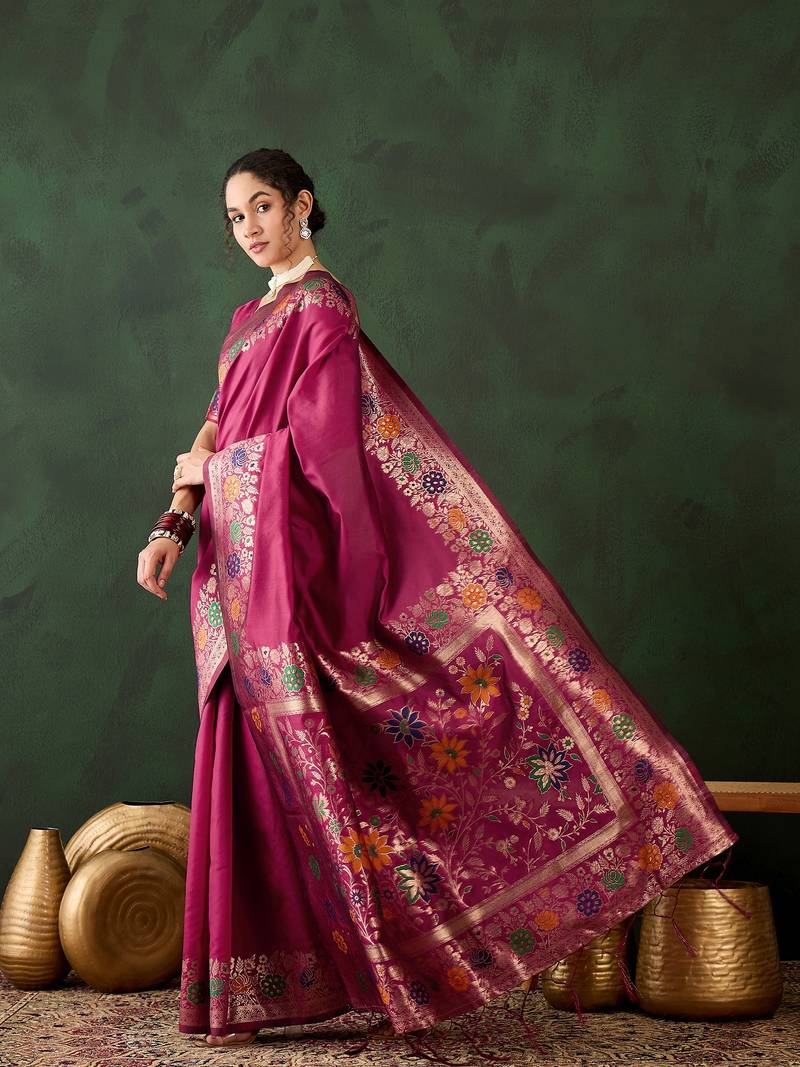Pink poly silk jacquard saree