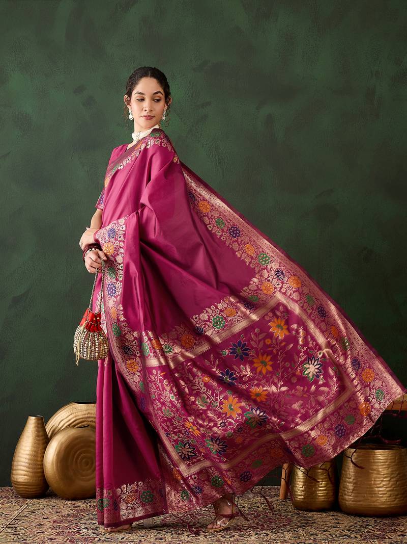 Pink poly silk jacquard saree