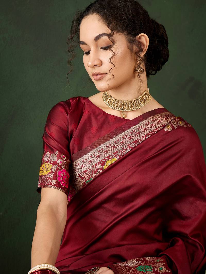 Maroon poly silk jacquard saree