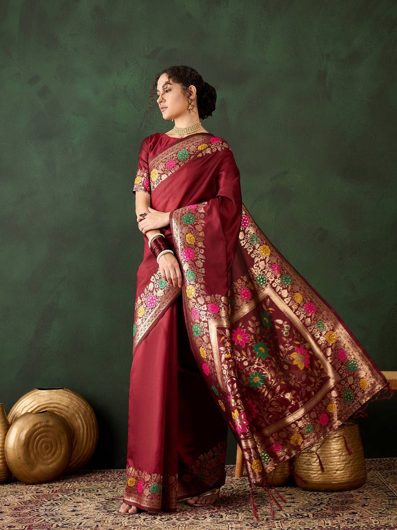 Maroon poly silk jacquard saree