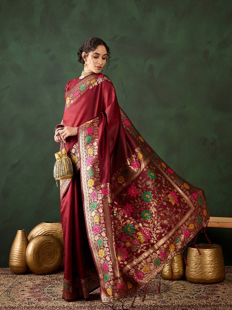 Maroon poly silk jacquard saree