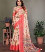 Blue and cream digital printed pure cotton linen woven saree with blouse piece