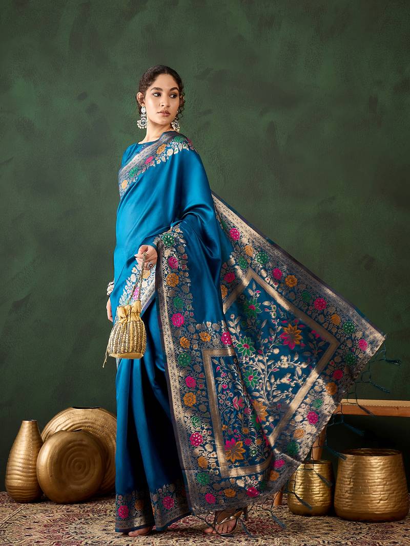 teal poly silk jacquard saree