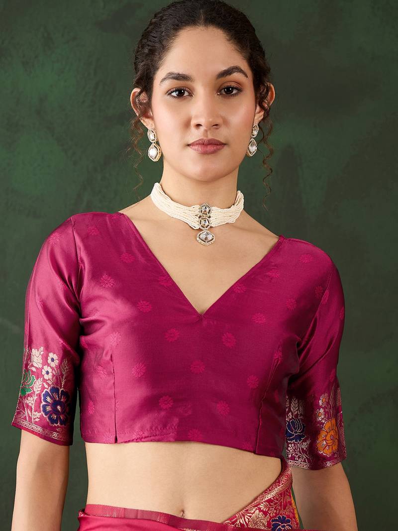 Pink poly silk jacquard saree