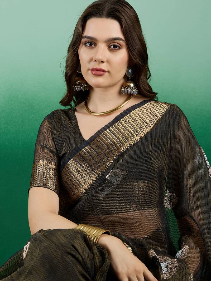 blue khadi organza intricate embroidery work saree with blouse piece