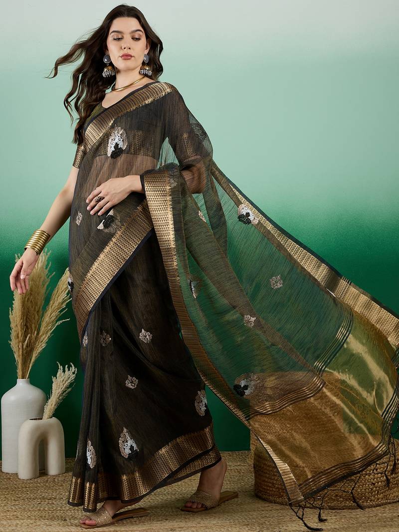 blue khadi organza intricate embroidery work saree with blouse piece