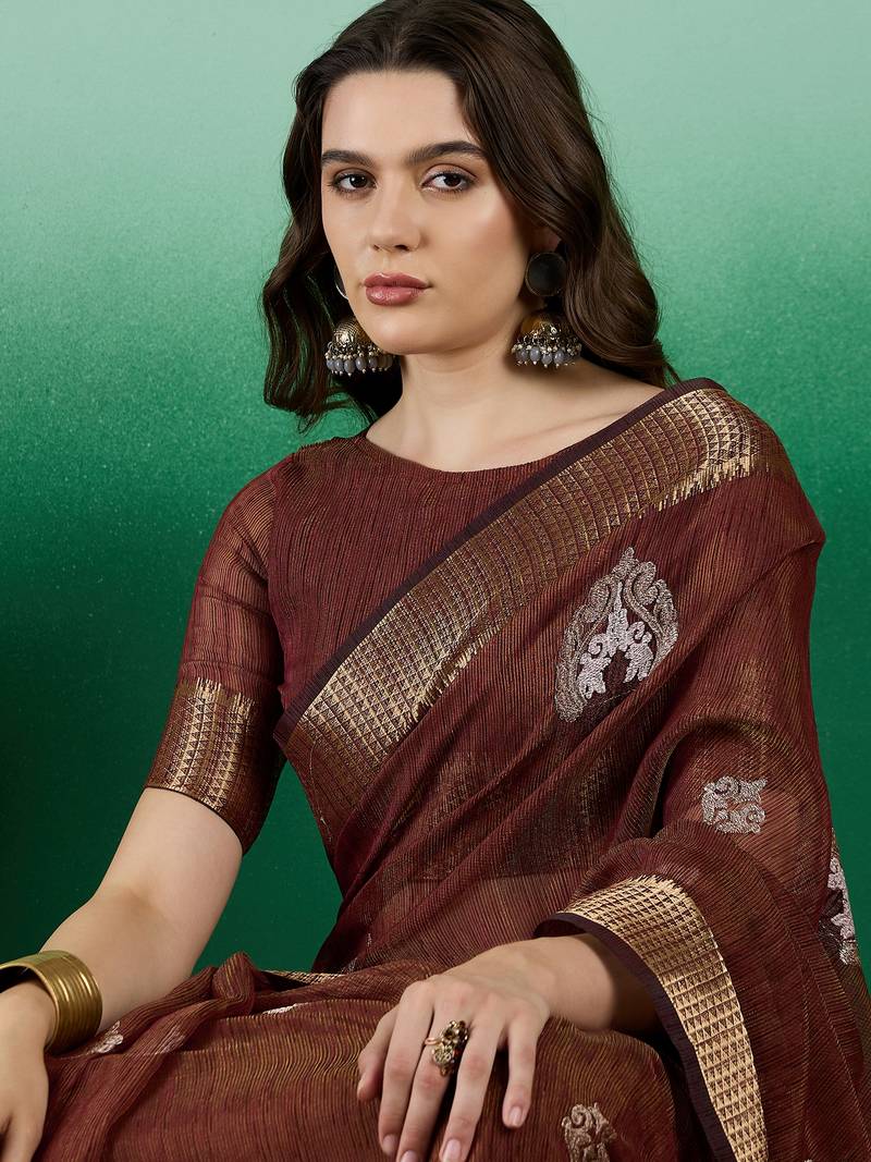 brown khadi organza intricate embroidery work saree with blouse piece