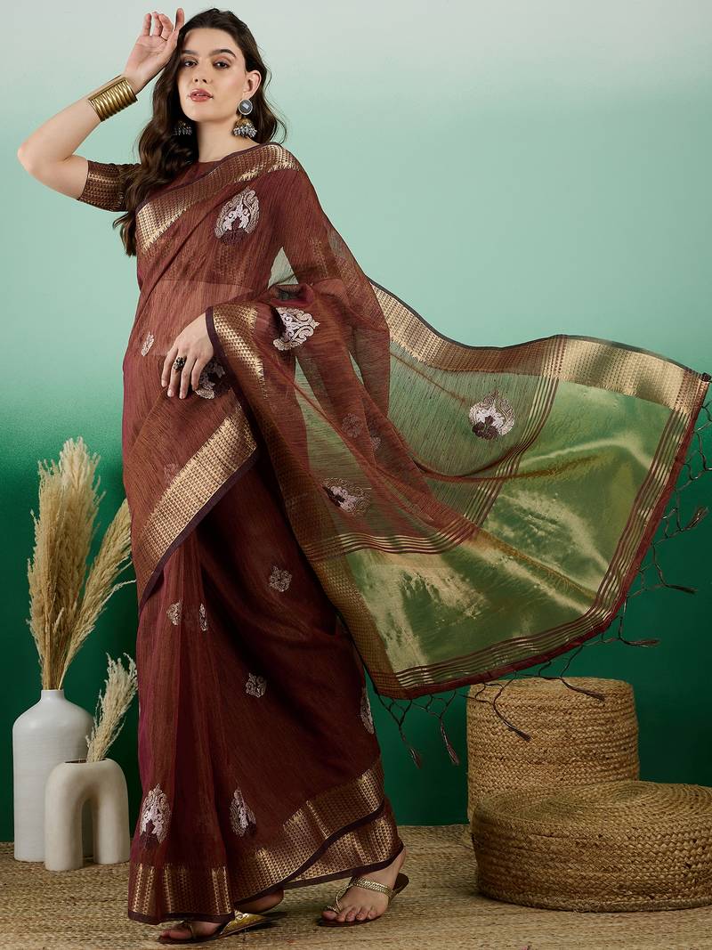 brown khadi organza intricate embroidery work saree with blouse piece