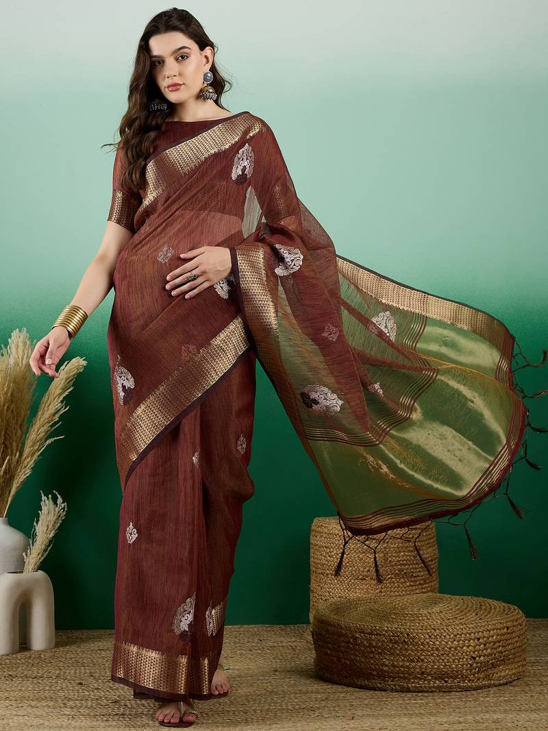brown khadi organza intricate embroidery work saree with blouse piece