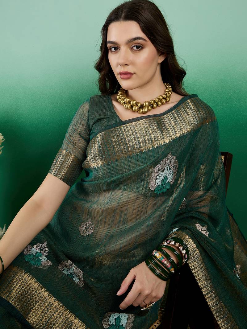 green khadi organza intricate embroidery work saree with blouse piece
