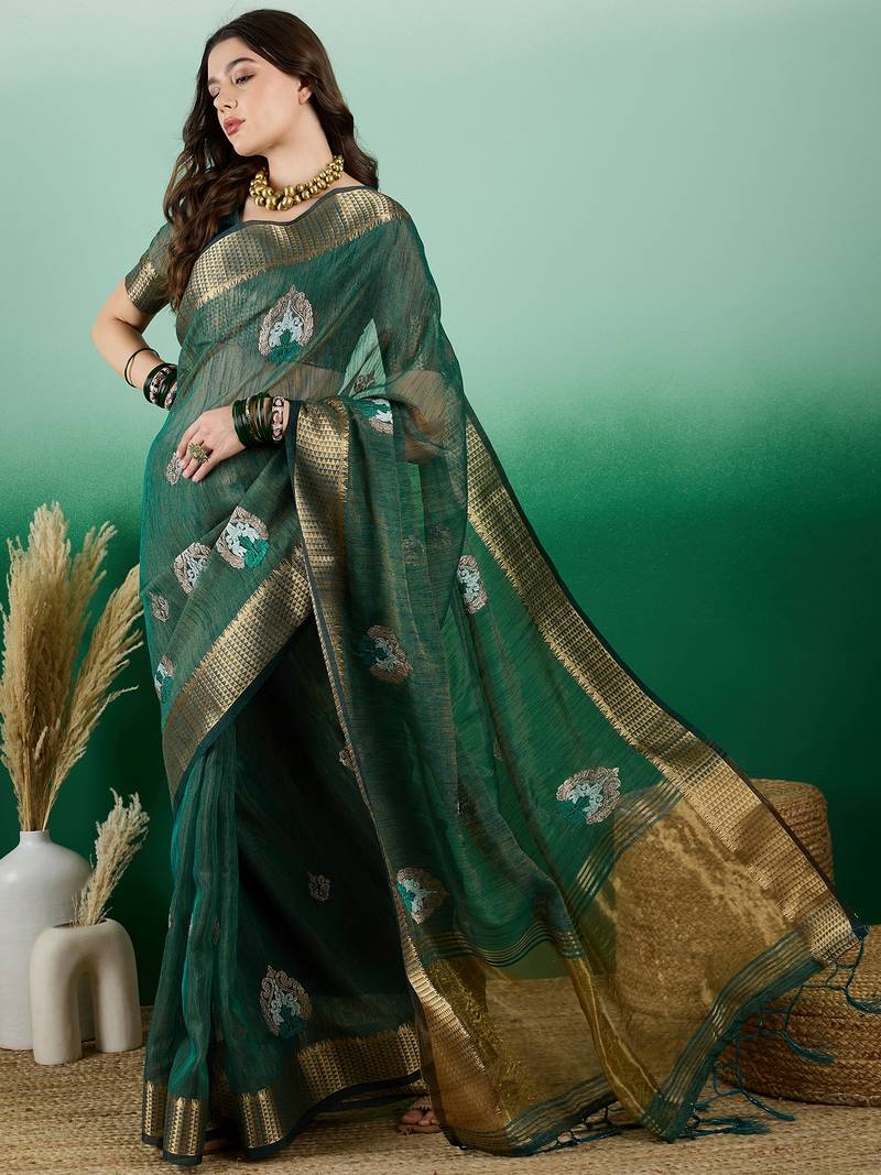 green khadi organza intricate embroidery work saree with blouse piece