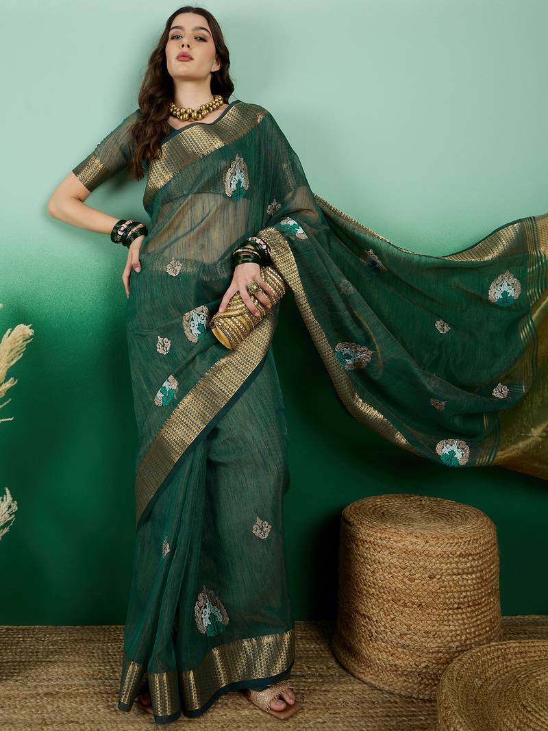 green khadi organza intricate embroidery work saree with blouse piece