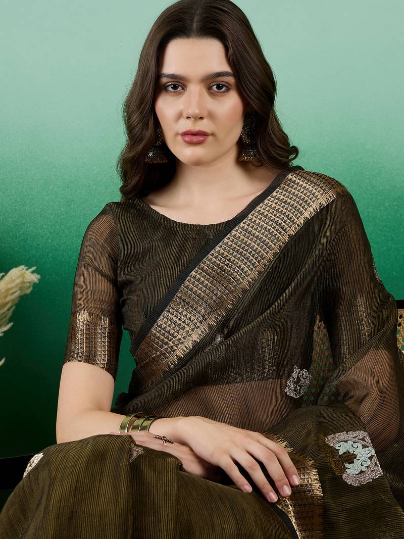 mehendi khadi organza intricate embroidery work saree with blouse piece