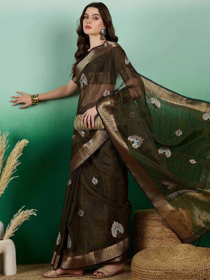 mehendi khadi organza intricate embroidery work saree with blouse piece