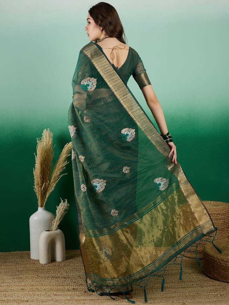 green khadi organza intricate embroidery work saree with blouse piece