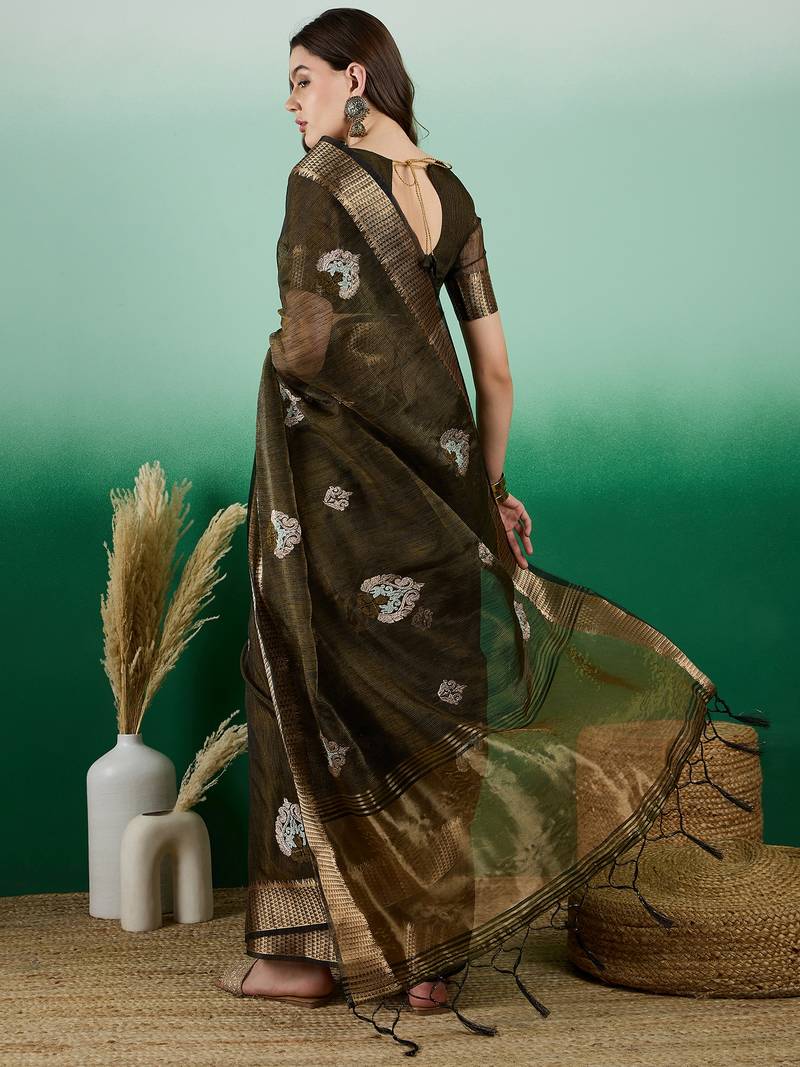 mehendi khadi organza intricate embroidery work saree with blouse piece