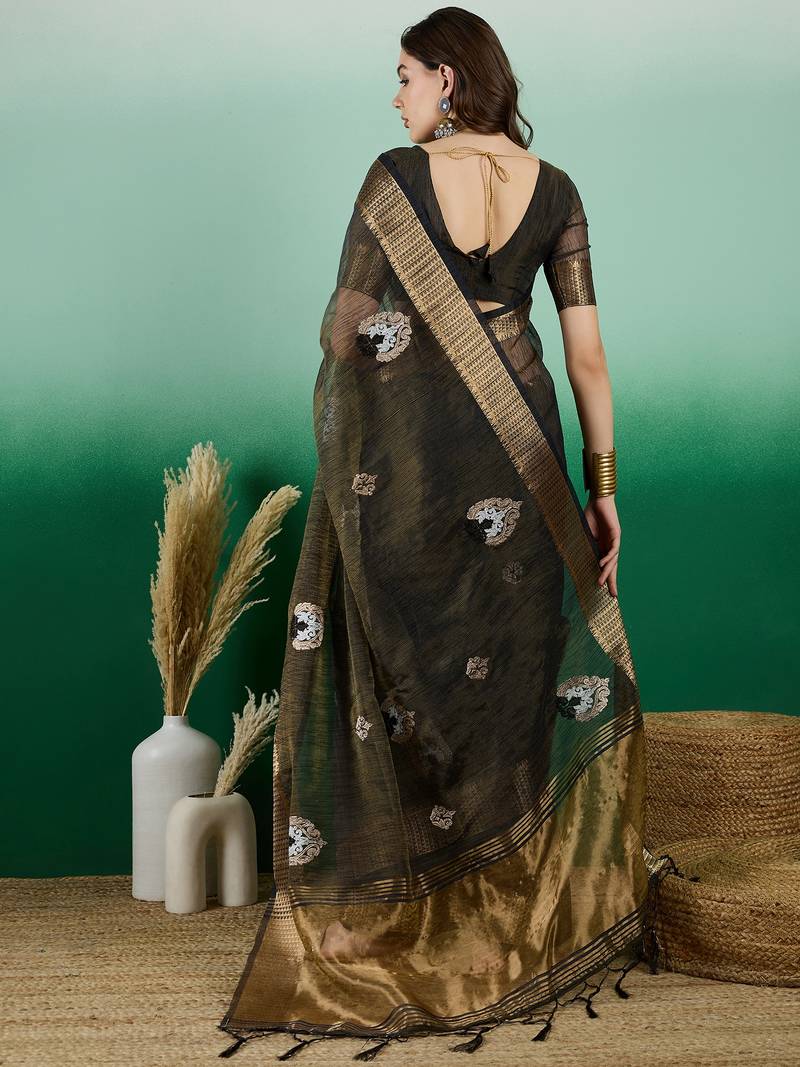 blue khadi organza intricate embroidery work saree with blouse piece