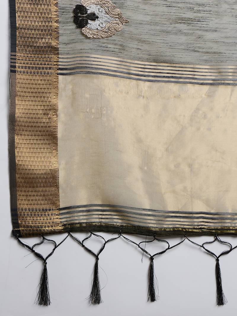 blue khadi organza intricate embroidery work saree with blouse piece