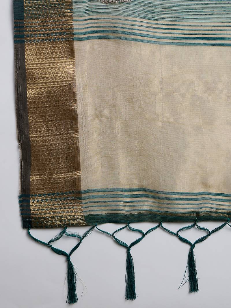 green khadi organza intricate embroidery work saree with blouse piece