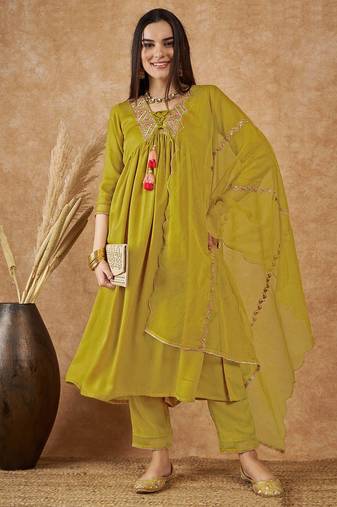 Art Silk Embroidery Salwar Suit Set Kurta Pant with Dupatta